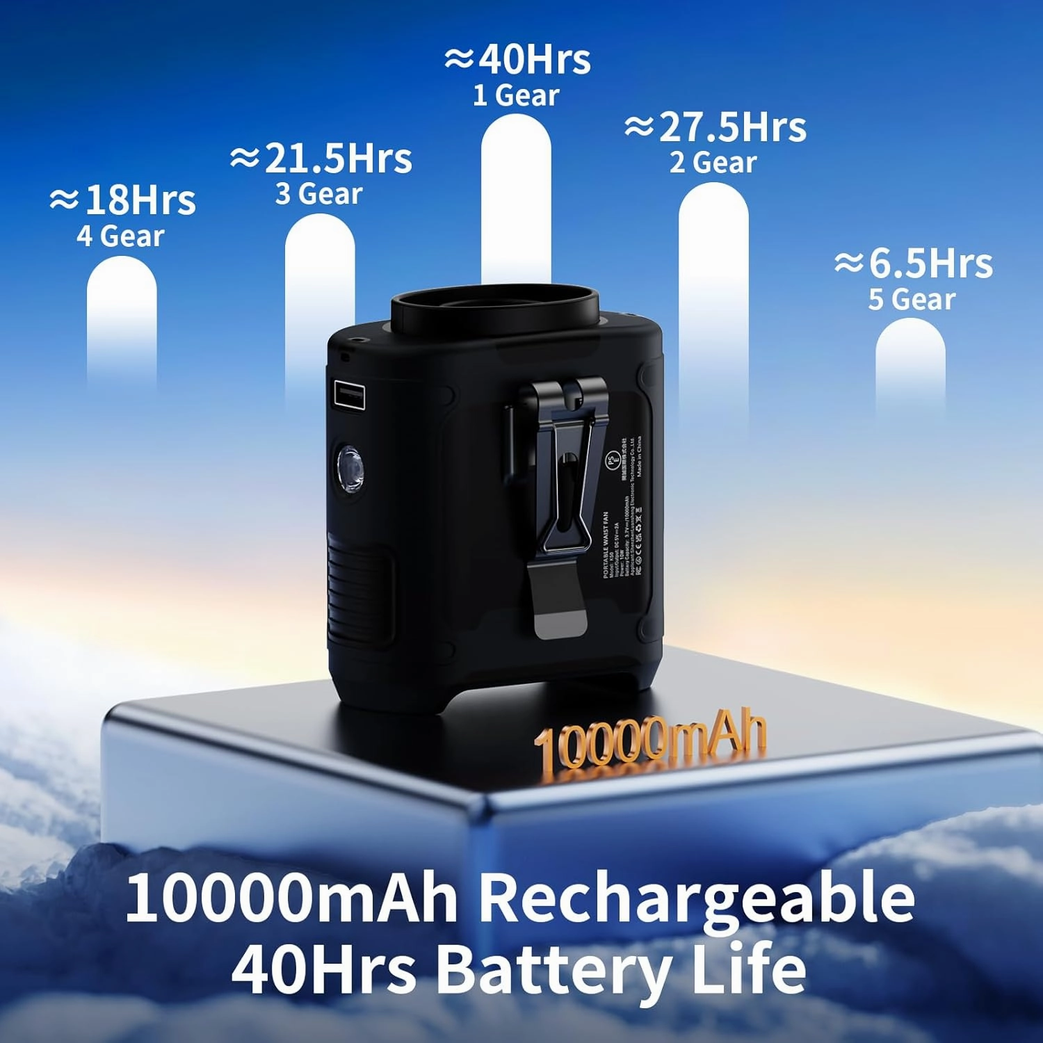 Socool 10000mAh Portable Waist Fan Clip on Wearable Belt Personal Fan Rechargeable Battery Operated with 5 Speeds & Flashlight Neck Hands-Free 40H Cooling for Outdoor Camping Travel (Black)