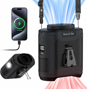 Socool 10000mAh Portable Waist Fan Clip on Wearable Belt Personal Fan Rechargeable Battery Operated with 5 Speeds & Flashlight Neck Hands-Free 40H Cooling for Outdoor Camping Travel (Black)
