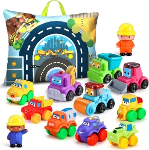 Soft Rubber Cars Toy for 1  Year Old Boy with Playmat (Storage Bag)|12 PCS Construction Cars Baby Toys for Toddler Toys Age 18 Months |First Birthday Gift for 2 3 Year Old Boy