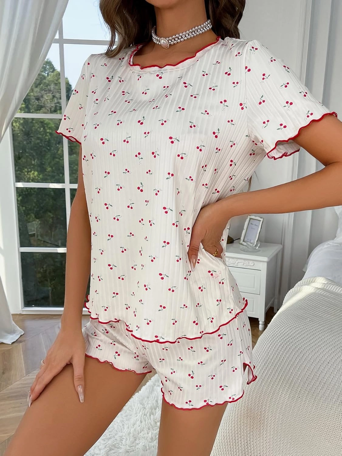 SOLY HUX Pajama Set for Women Cute Print Short Sleeve Tee and Shorts Lounge Sleepwear