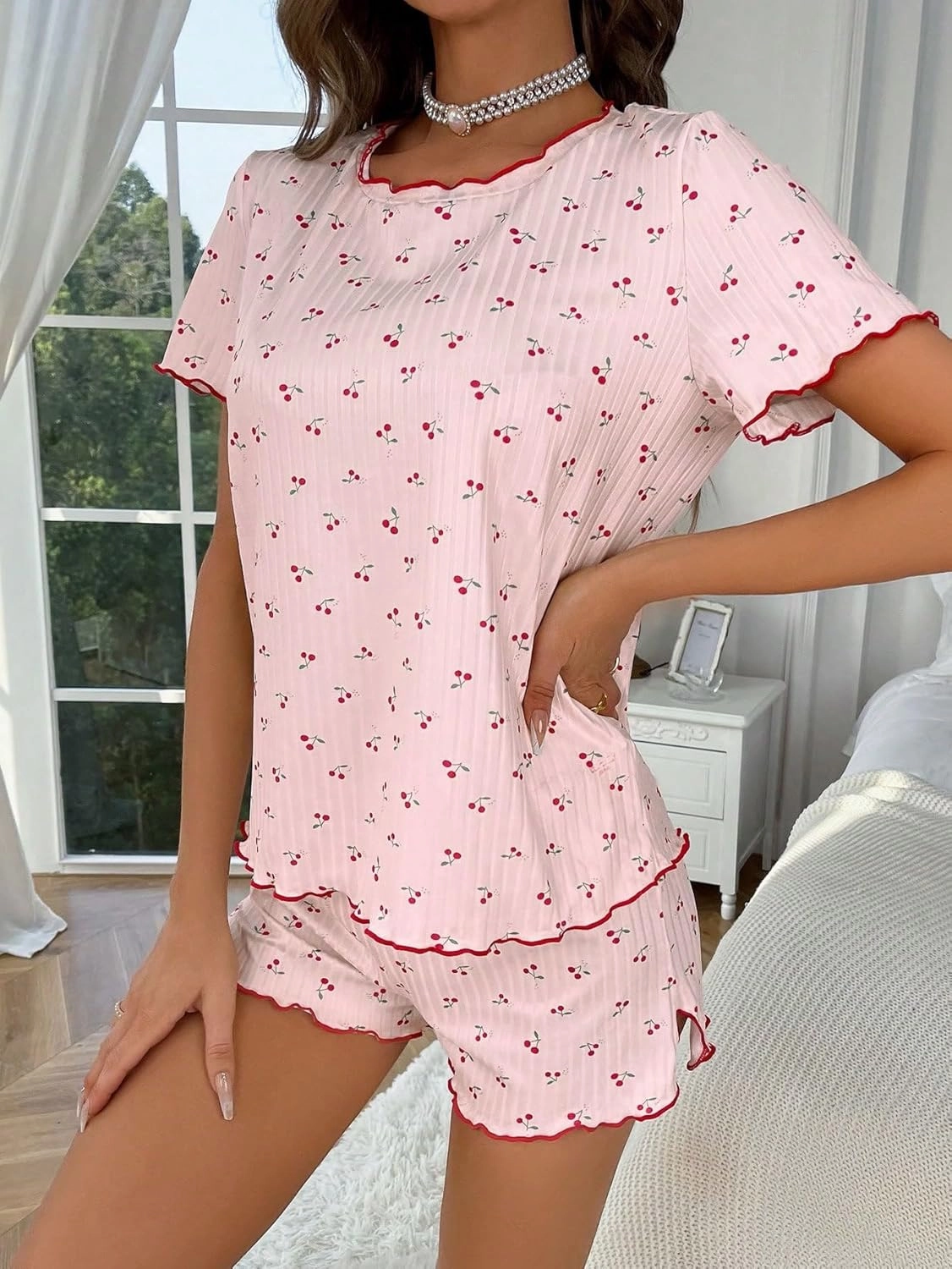 SOLY HUX Pajama Set for Women Cute Print Short Sleeve Tee and Shorts Lounge Sleepwear