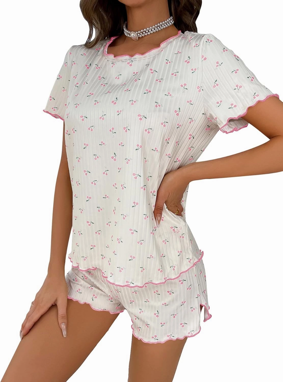SOLY HUX Pajama Set for Women Cute Print Short Sleeve Tee and Shorts Lounge Sleepwear