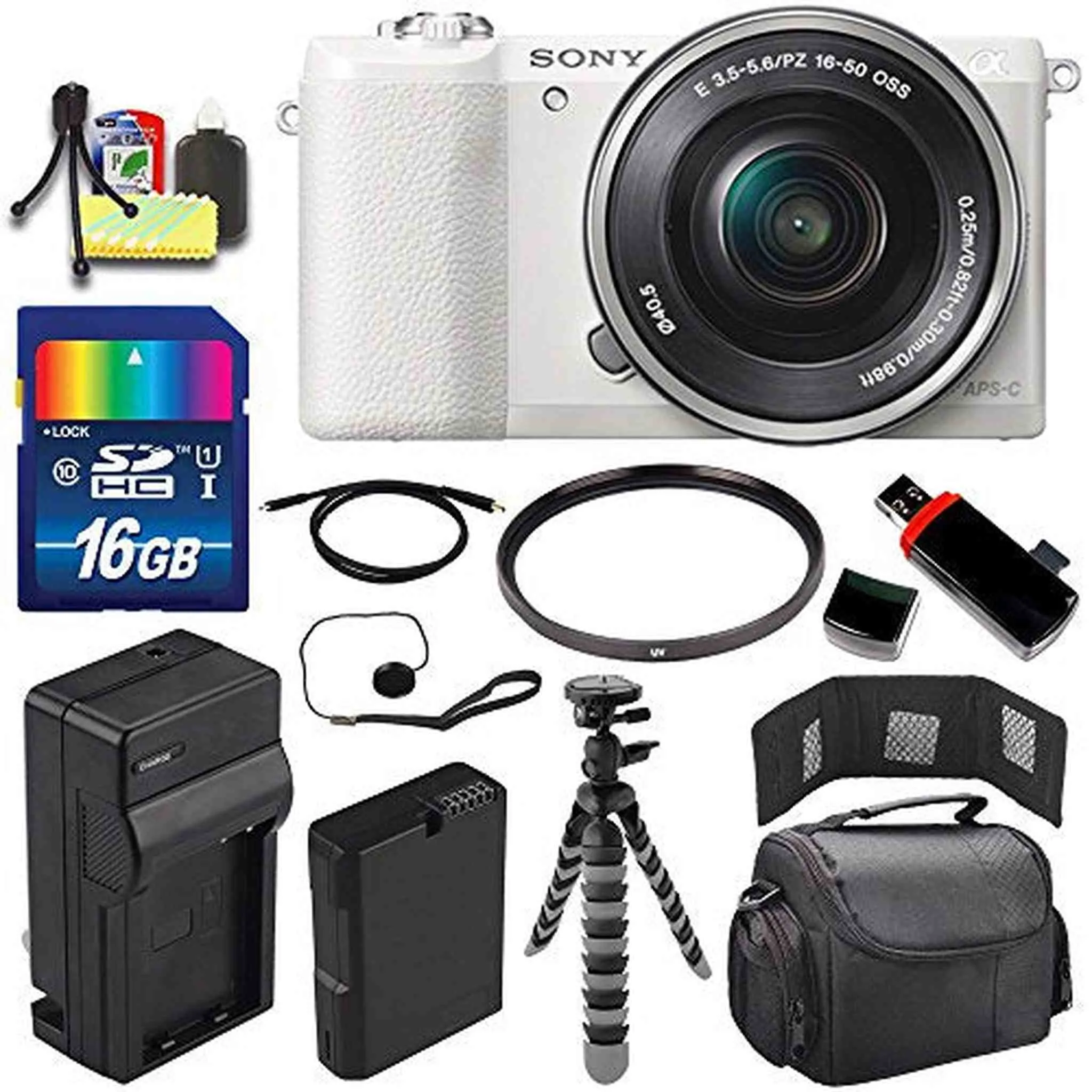 Sony Alpha a5100 Mirrorless Digital Camera with 16-50mm Lens (White)   Battery   Charger   16GB Bundle 1 - International