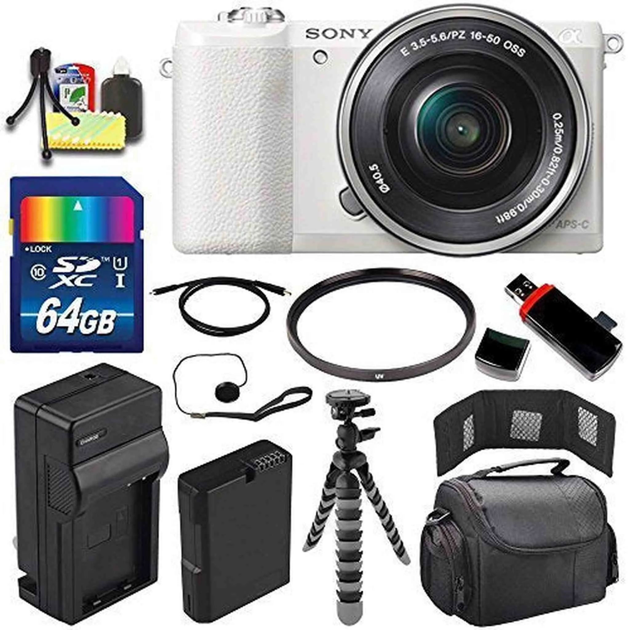 Sony Alpha a5100 Mirrorless Digital Camera with 16-50mm Lens (White)   Battery   Charger   64GB Bundle 3 - International