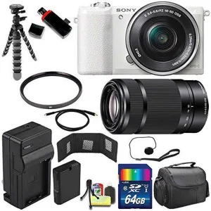 Sony Alpha a5100 Mirrorless Digital Camera with 16-50mm Lens (White)   Sony E 55-210mm f/4.5-6.3 OSS E-Mount Lens 64GB Bundle