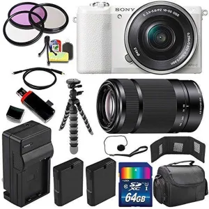 Sony Alpha a5100 Mirrorless Digital Camera with 16-50mm Lens (White)   Sony E 55-210mm f/4.5-6.3 OSS E-Mount Lens 64GB Extreme Bundle