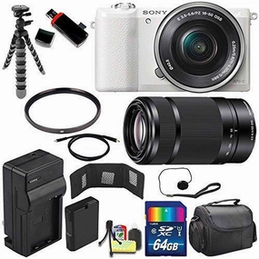 Sony Alpha a5100 Mirrorless Digital Camera with 16-50mm Lens (White)   Sony E 55-210mm f/4.5-6.3 OSS E-Mount Lens 64GB Bundle