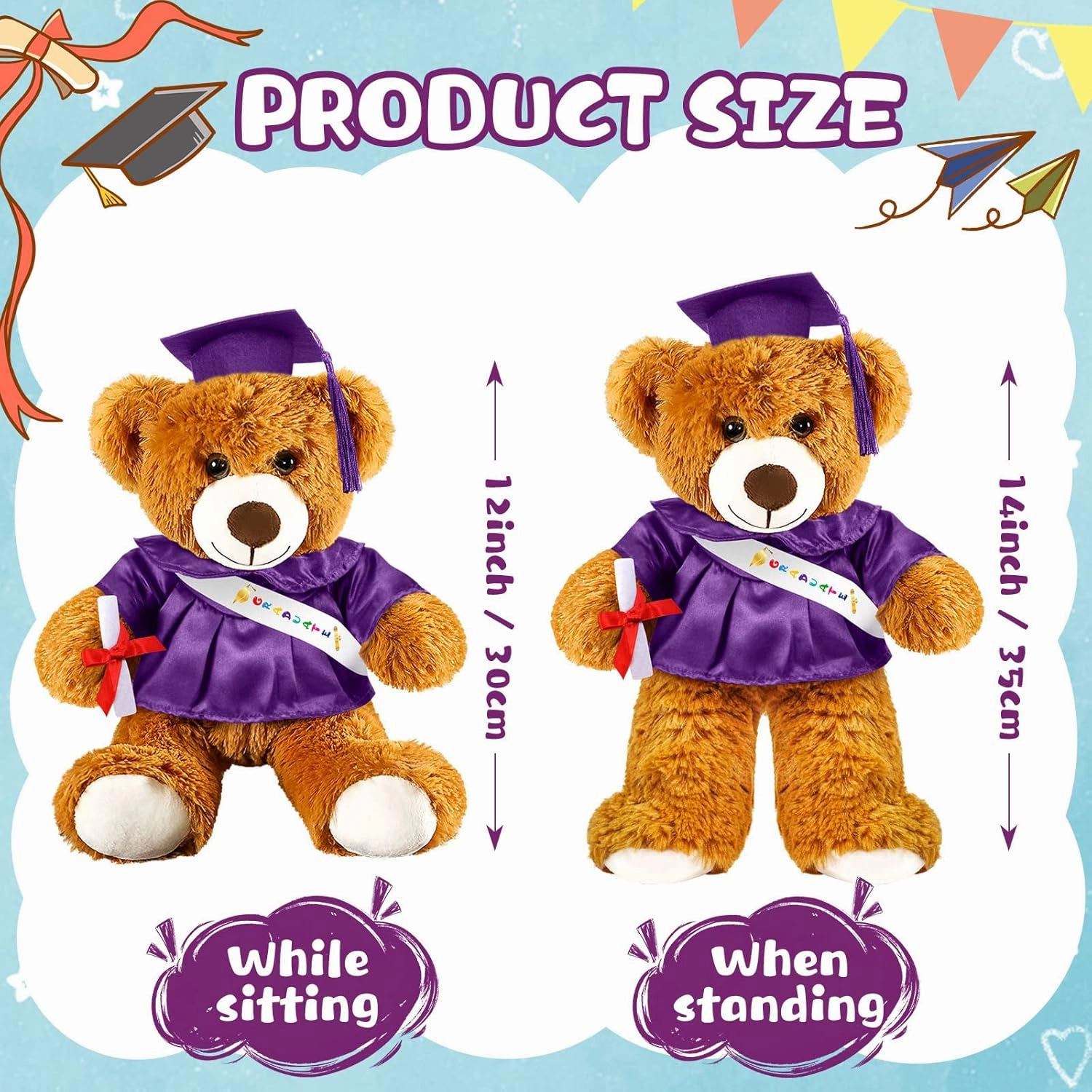 Sotiff 2 Pcs Graduation Bear Plush Stuffed Toy Bear Graduation Gifts Doll Stuffed with Grad Cap for Preschool Kindergarten College Gift(14 Inch,Brown, Purple)