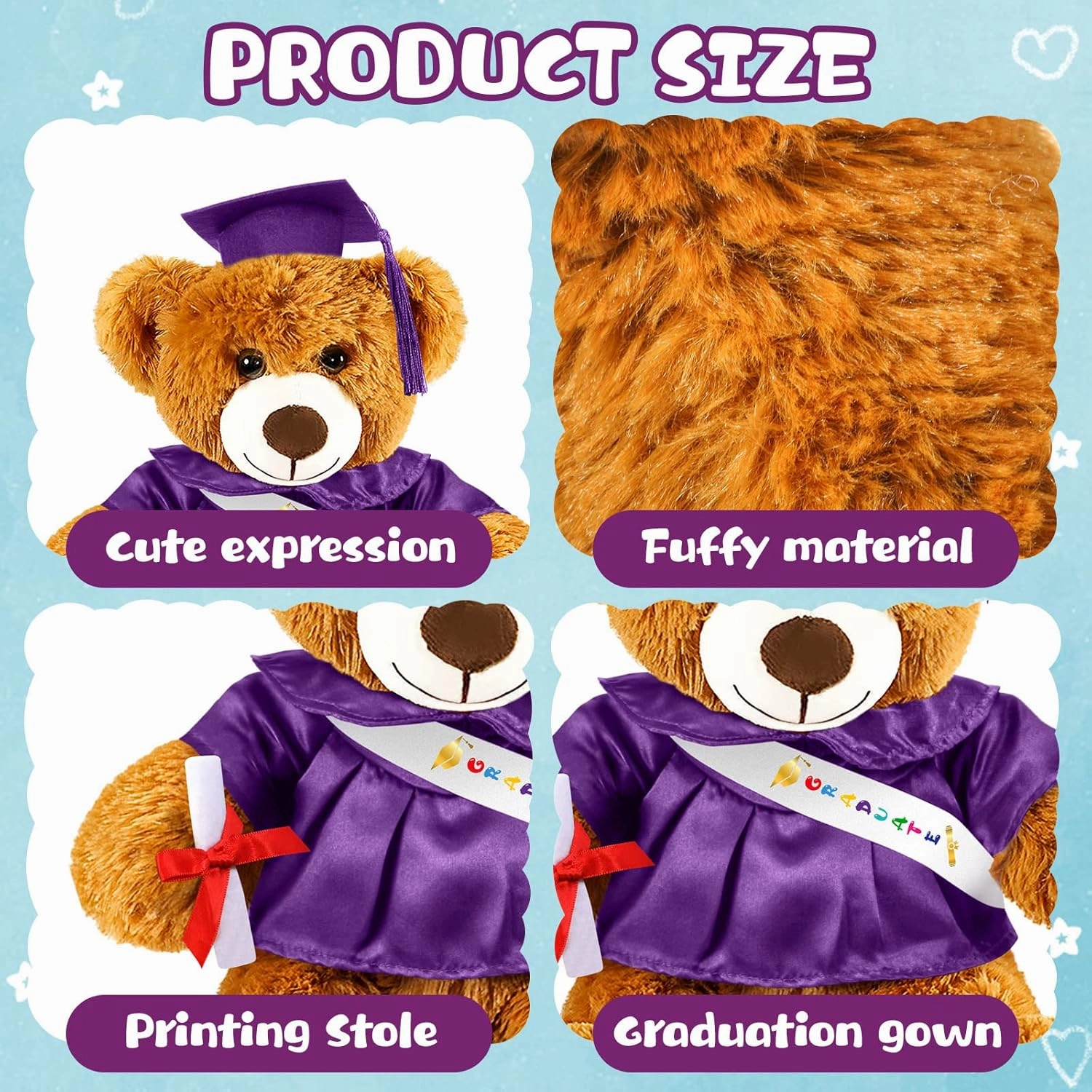 Sotiff 2 Pcs Graduation Bear Plush Stuffed Toy Bear Graduation Gifts Doll Stuffed with Grad Cap for Preschool Kindergarten College Gift(14 Inch,Brown, Purple)