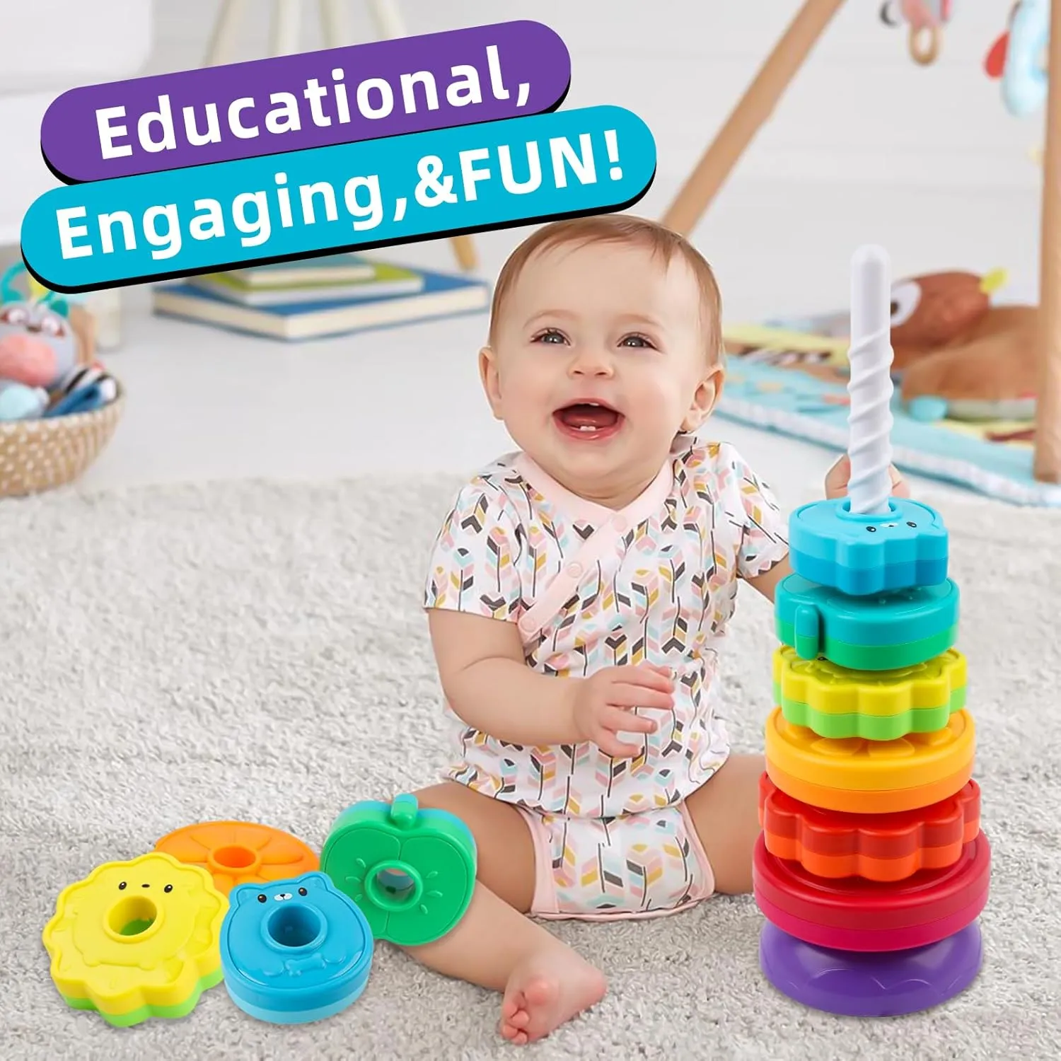 Spinning Stacking Toys for Babies 12  Month Rainbow Ring Flowers Animals Fruits Theme Stacker ABS Toys for Toddlers 1-3 Montessori Educational Learning Sensory Toy,Stacking Toy for Kids