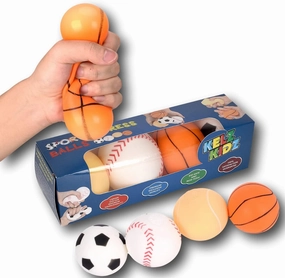 Sports Stress Squishy Balls for Fun and Therapeutic Hand Exercise - 4 Pack (Sports Theme, Stress Balls, Large Size, Gel Material, 3 Inch Diameter, All Ages)