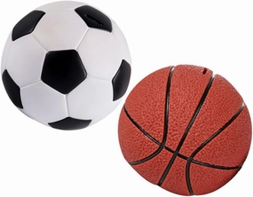Sports-Themed Piggy Bank Set 2pcs Football Basketball Coin Banks Decorative Savings Containers for Boys and Girls Vinyl Construction