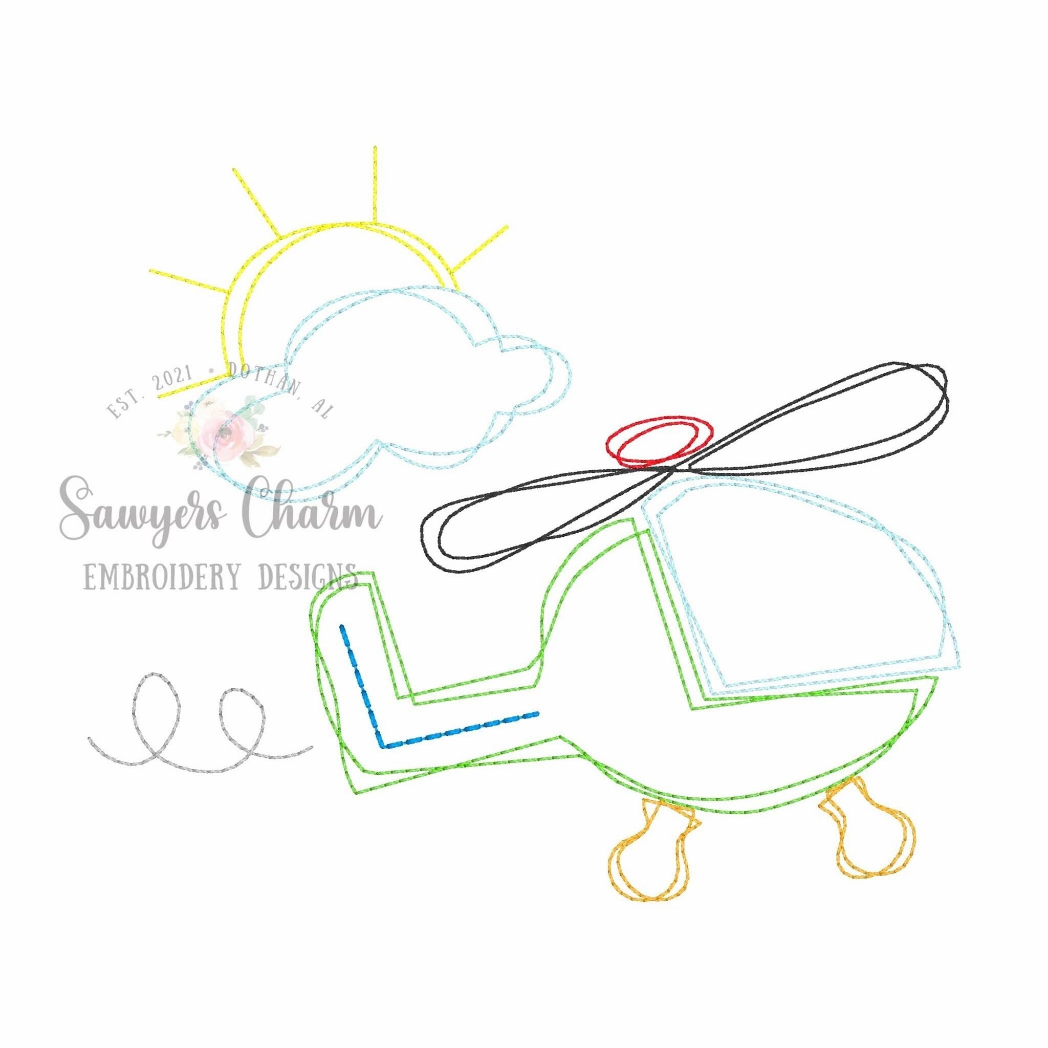 Squiggly flying helicopter bean stitch machine embroidery design file, quick stitch scribble vintage stitch, transportation, sunshine clouds