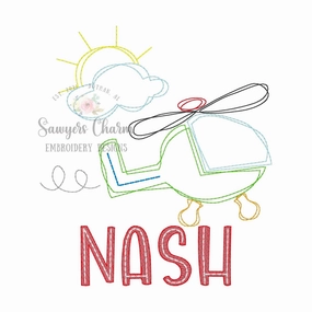 Squiggly flying helicopter bean stitch machine embroidery design file, quick stitch scribble vintage stitch, transportation, sunshine clouds