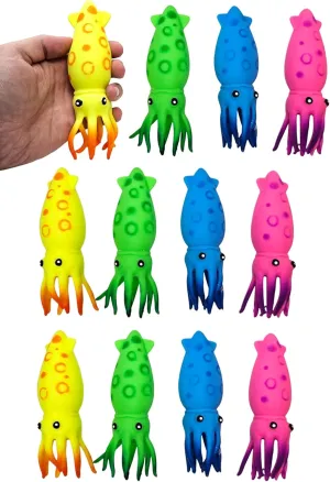 Squish and Stretch Squid (8 Pack) (6 Inch) Rubber Squeeze Fidget Toy Includes Green, Pink, Yellow, and Blue (8)