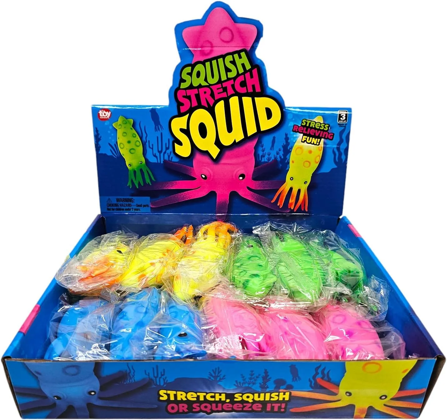 Squish and Stretch Squid (8 Pack) (6 Inch) Rubber Squeeze Fidget Toy Includes Green, Pink, Yellow, and Blue (8)