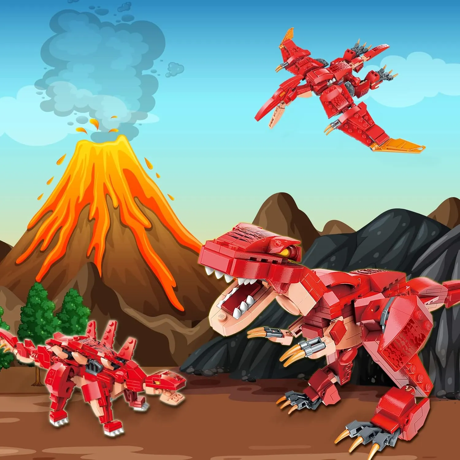 STEM 3 in1 Dinosaurs Building Kits 287PCS, Toys for Kids Age 6-10 Year Old, Educational Building Sets Best Gifts for Boy 6-10 (Red)