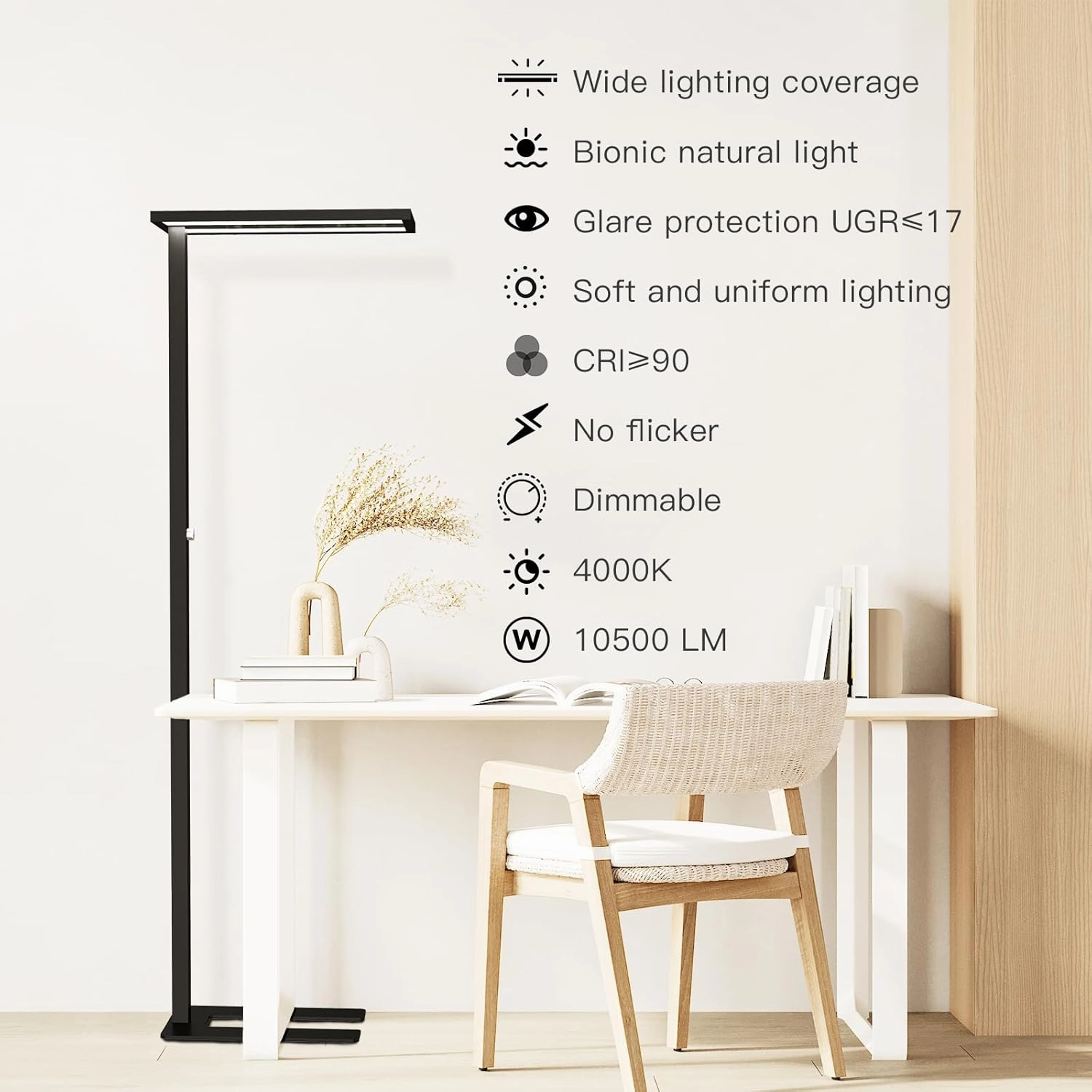 STERREN Eye-Care Led Floor Lamp,76" Tall Office Floor Lamp, 100W Black Modern Free-Standing Lamp,10500LM Bright Reading Lamp for Study Room,Living Room,Meeting Room,4000K