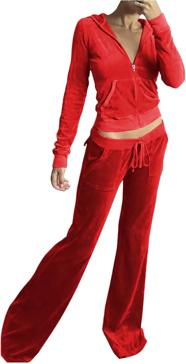Stessotudo Lounge Sets for Women Zip Up Casual 2 Piece Pant Sets Long Sleeve Hooded Sweatshirts Comfy Velvet Fashion Outfits