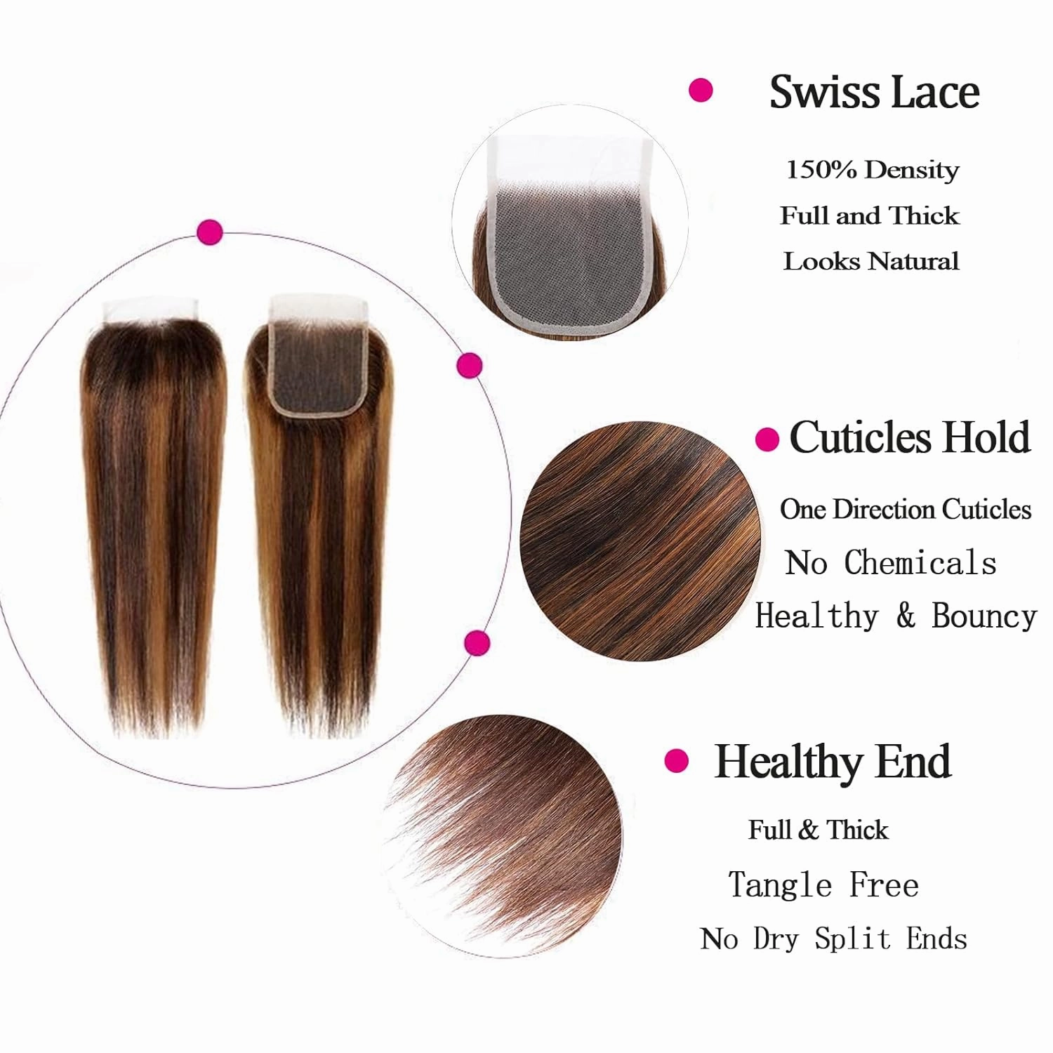 Straight Bundles with 4x4 Closure Human Hair HD Lace Free Part, Soft & Glossy Ombre Colored 1b/30 Balayage Black And Highlight Brown Human Hair Bundles with Closure 16 18 20 16inch