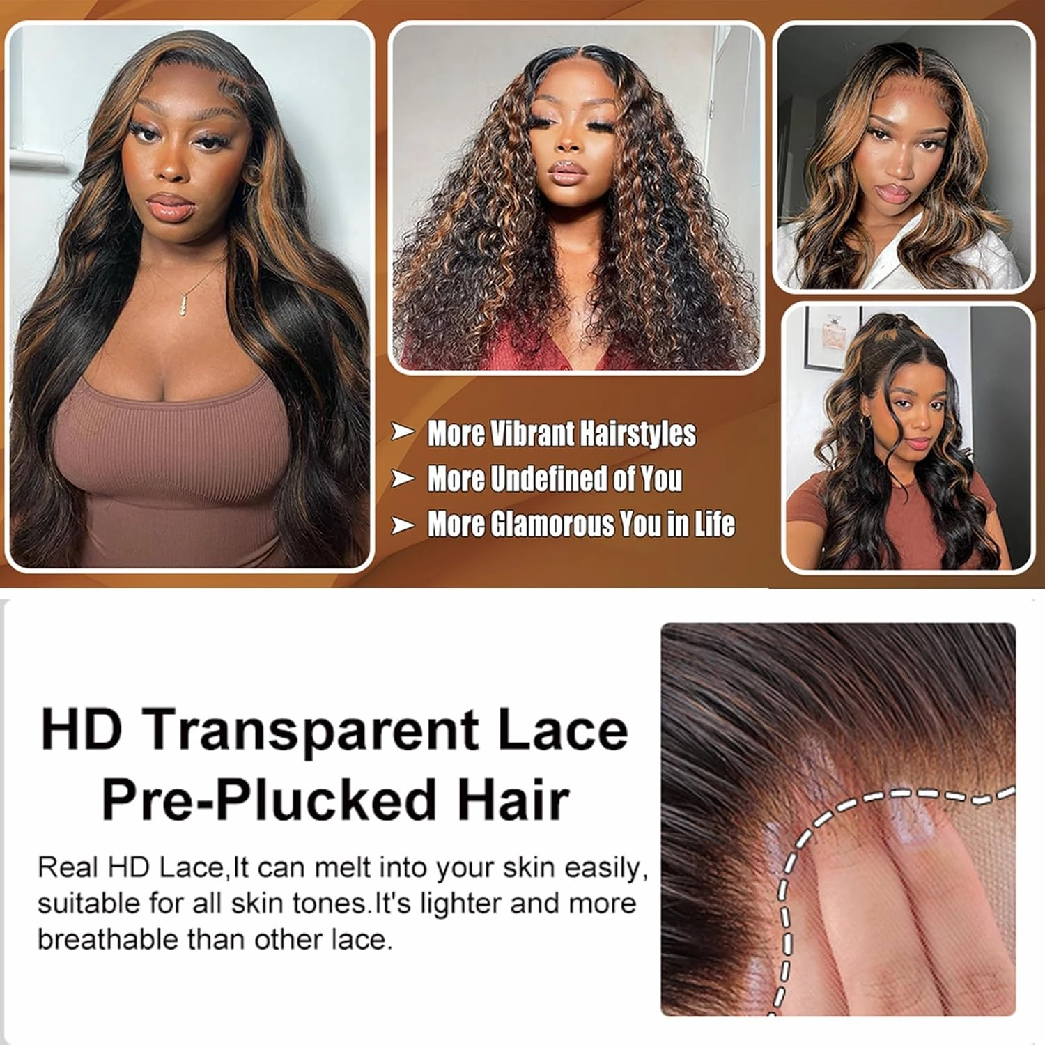 Straight Bundles with 4x4 Closure Human Hair HD Lace Free Part, Soft & Glossy Ombre Colored 1b/30 Balayage Black And Highlight Brown Human Hair Bundles with Closure 16 18 20 16inch