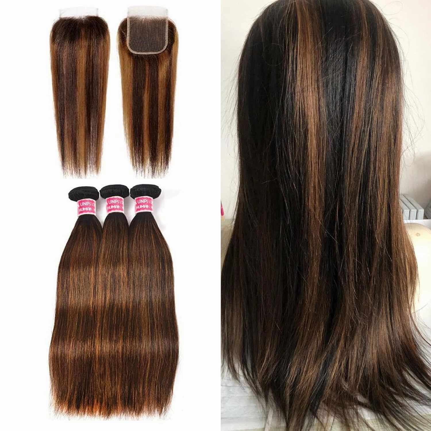 Straight Bundles with 4x4 Closure Human Hair HD Lace Free Part, Soft & Glossy Ombre Colored 1b/30 Balayage Black And Highlight Brown Human Hair Bundles with Closure 16 18 20 16inch