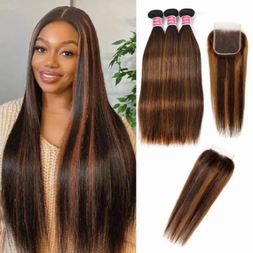 Straight Bundles with 4x4 Closure Human Hair HD Lace Free Part, Soft & Glossy Ombre Colored 1b/30 Balayage Black And Highlight Brown Human Hair Bundles with Closure 16 18 20 16inch