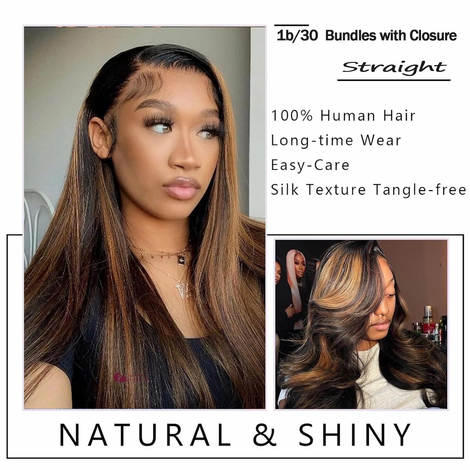 Straight Bundles with 4x4 Closure Human Hair HD Lace Free Part, Soft & Glossy Ombre Colored 1b/30 Balayage Black And Highlight Brown Human Hair Bundles with Closure 16 18 20 16inch