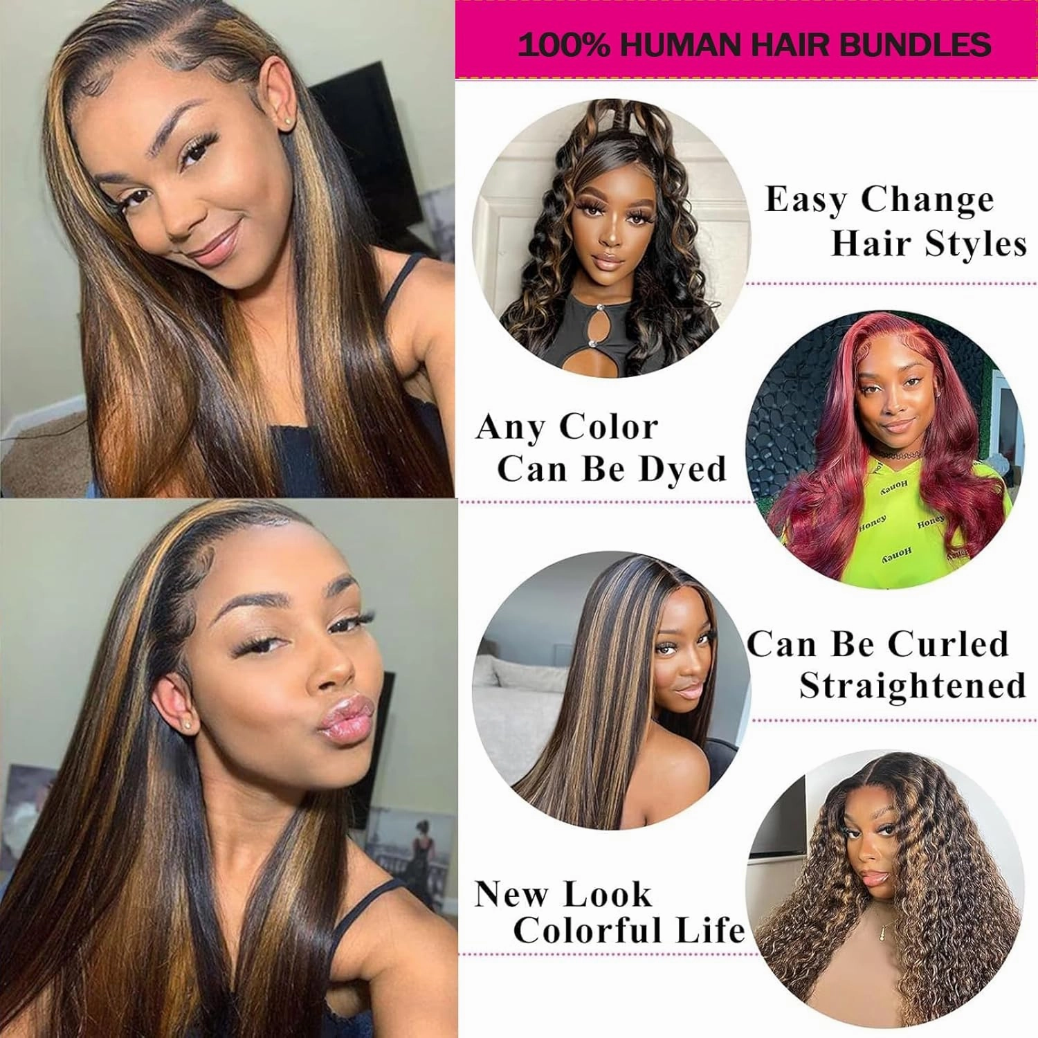 Straight Bundles with 4x4 Closure Human Hair HD Lace Free Part, Soft & Glossy Ombre Colored 1b/30 Balayage Black And Highlight Brown Human Hair Bundles with Closure 16 18 20 16inch