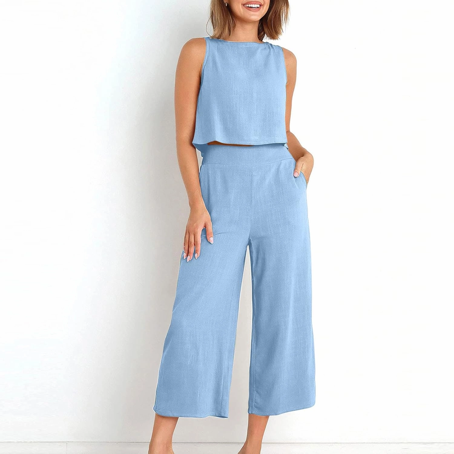 Summer Vacation 2 Piece Outfits For Women 2024 Sleeveless Crop Top Capri Wide Leg Pants Matching Lounge Set Linen Sets