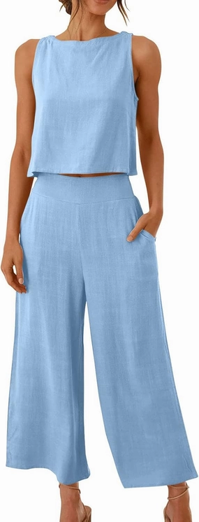 Summer Vacation 2 Piece Outfits For Women 2024 Sleeveless Crop Top Capri Wide Leg Pants Matching Lounge Set Linen Sets