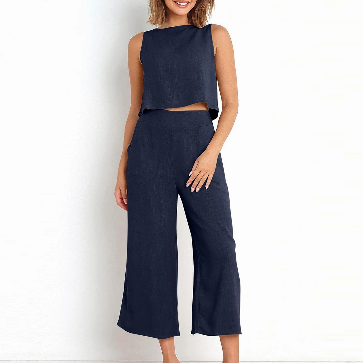 Summer Vacation 2 Piece Outfits For Women 2024 Sleeveless Crop Top Capri Wide Leg Pants Matching Lounge Set Linen Sets