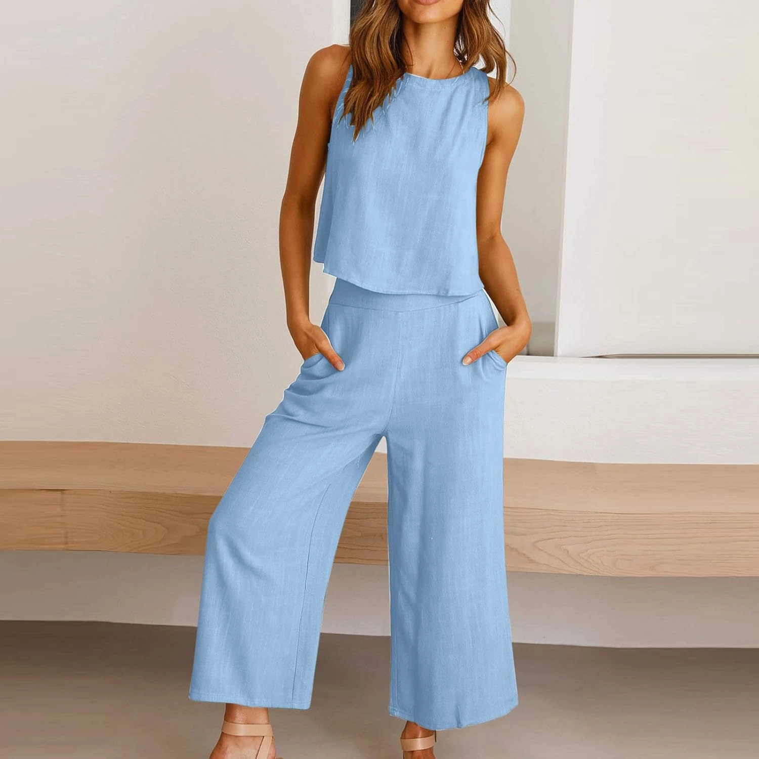 Summer Vacation 2 Piece Outfits For Women 2024 Sleeveless Crop Top Capri Wide Leg Pants Matching Lounge Set Linen Sets
