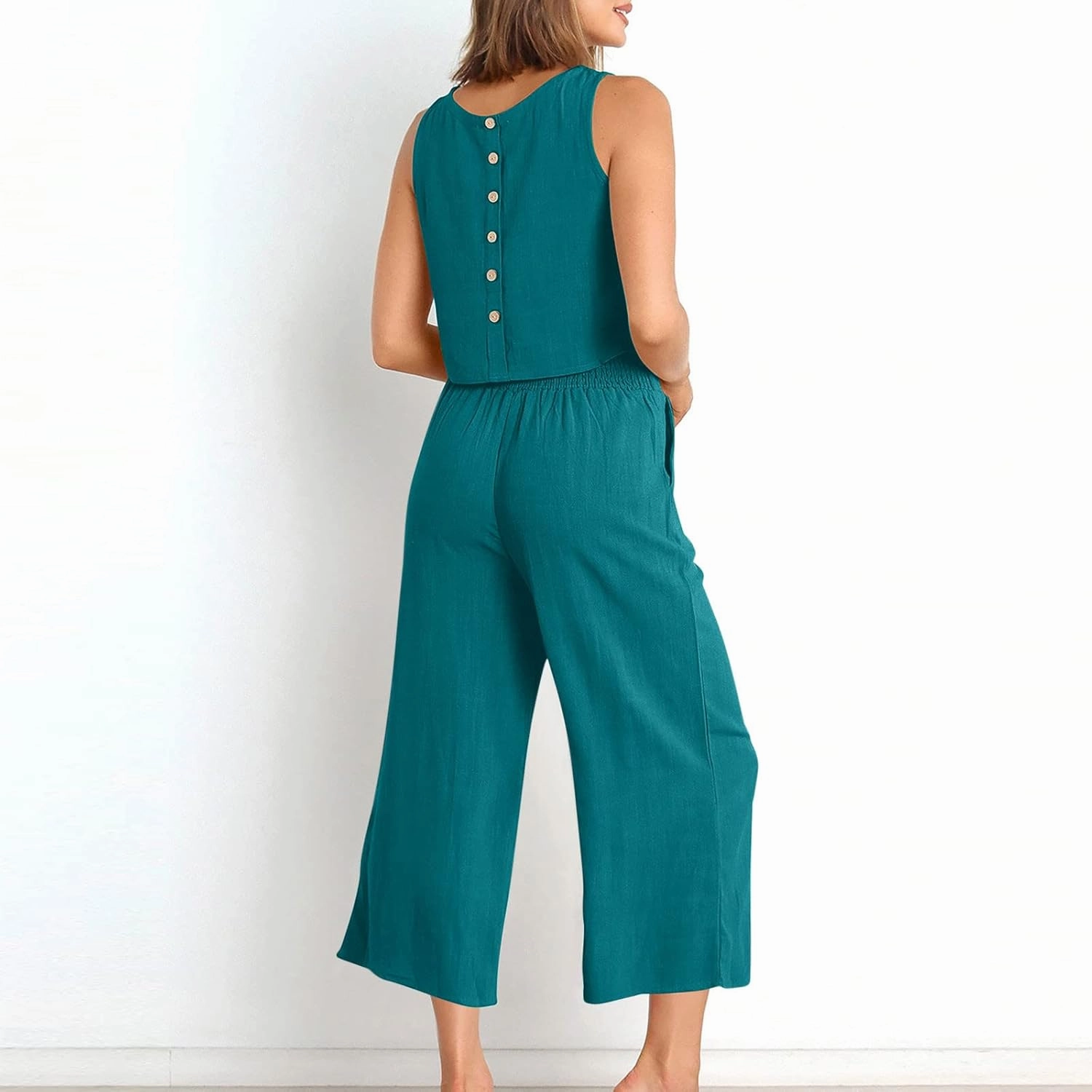 Summer Vacation 2 Piece Outfits For Women 2024 Sleeveless Crop Top Capri Wide Leg Pants Matching Lounge Set Linen Sets