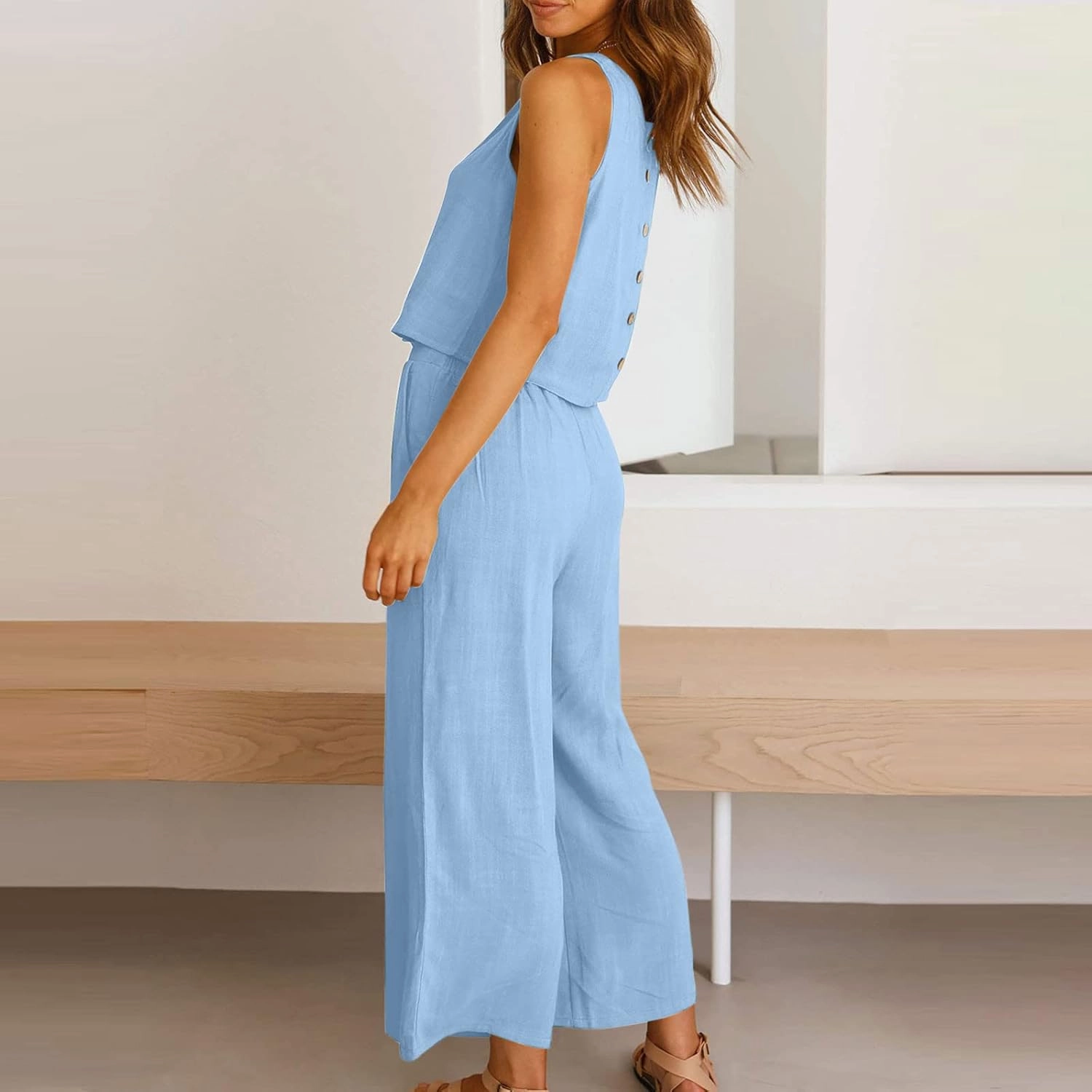 Summer Vacation 2 Piece Outfits For Women 2024 Sleeveless Crop Top Capri Wide Leg Pants Matching Lounge Set Linen Sets