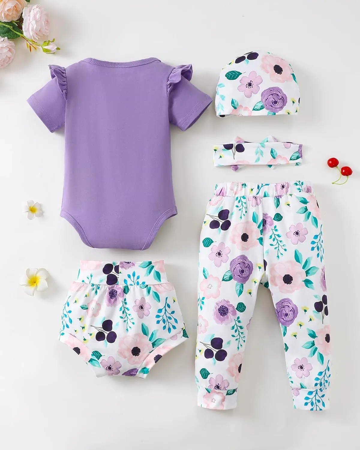 SUNNY PIGGY Baby Girl Clothes Infant Newborn Girls Outfit Short Sleeve Romper with Headband 5Pcs Set
