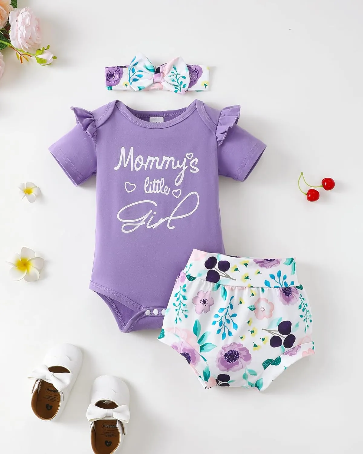SUNNY PIGGY Baby Girl Clothes Infant Newborn Girls Outfit Short Sleeve Romper with Headband 5Pcs Set