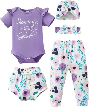 SUNNY PIGGY Baby Girl Clothes Infant Newborn Girls Outfit Short Sleeve Romper with Headband 5Pcs Set