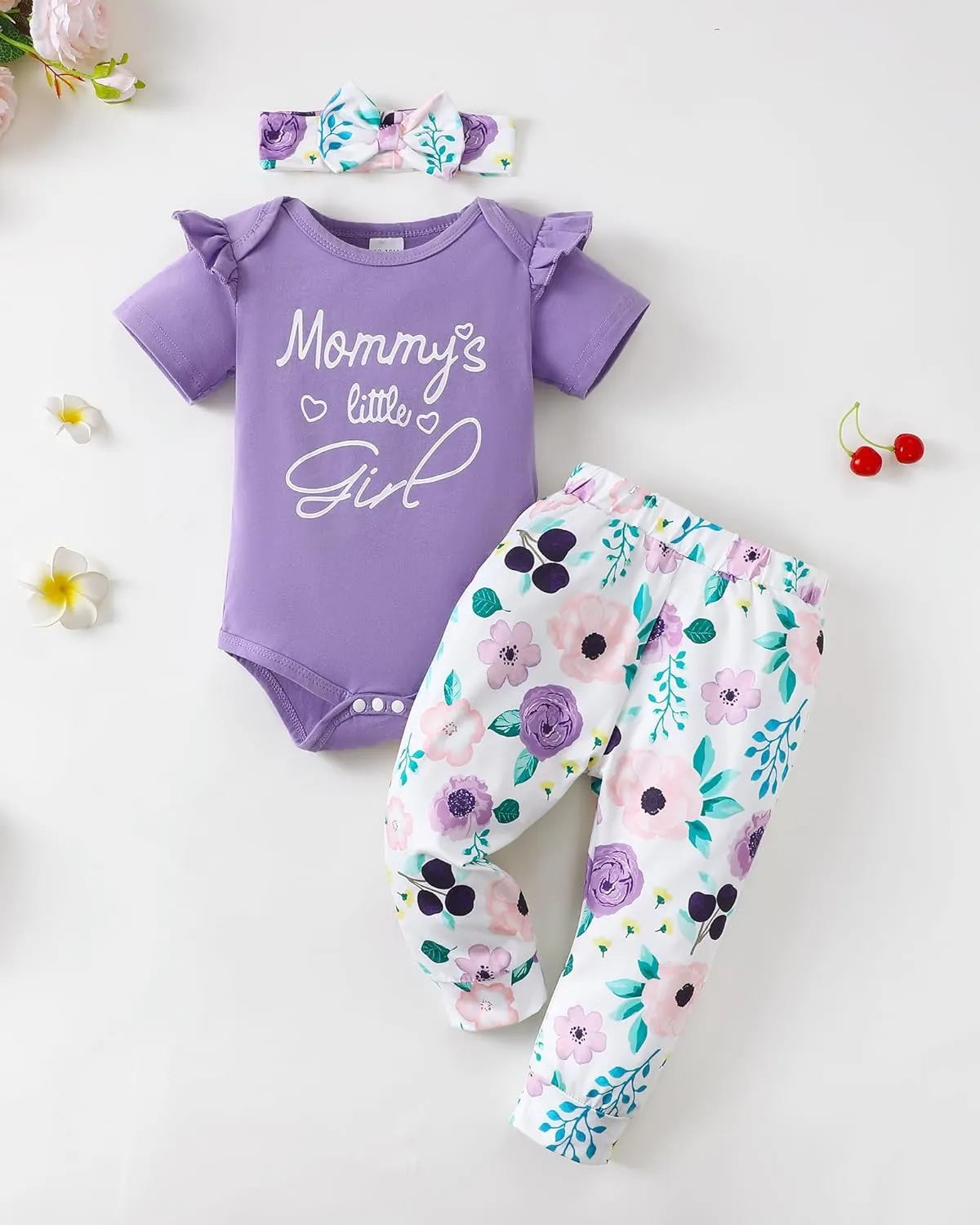 SUNNY PIGGY Baby Girl Clothes Infant Newborn Girls Outfit Short Sleeve Romper with Headband 5Pcs Set