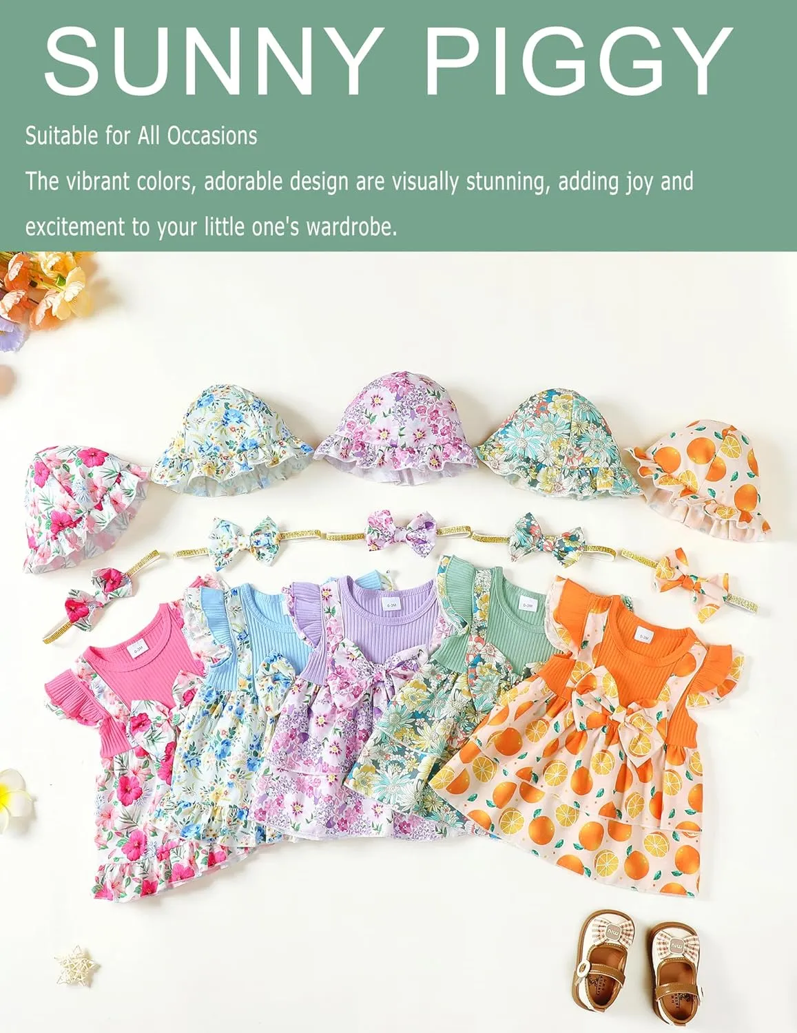 SUNNY PIGGY Baby Girl Clothes Newborn Infant Dress Outfit 0 3 6 9 12 18 24 Months Skirt Set Headband Hat