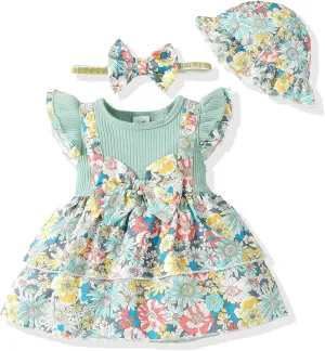 SUNNY PIGGY Baby Girl Clothes Newborn Infant Dress Outfit 0 3 6 9 12 18 24 Months Skirt Set Headband Hat