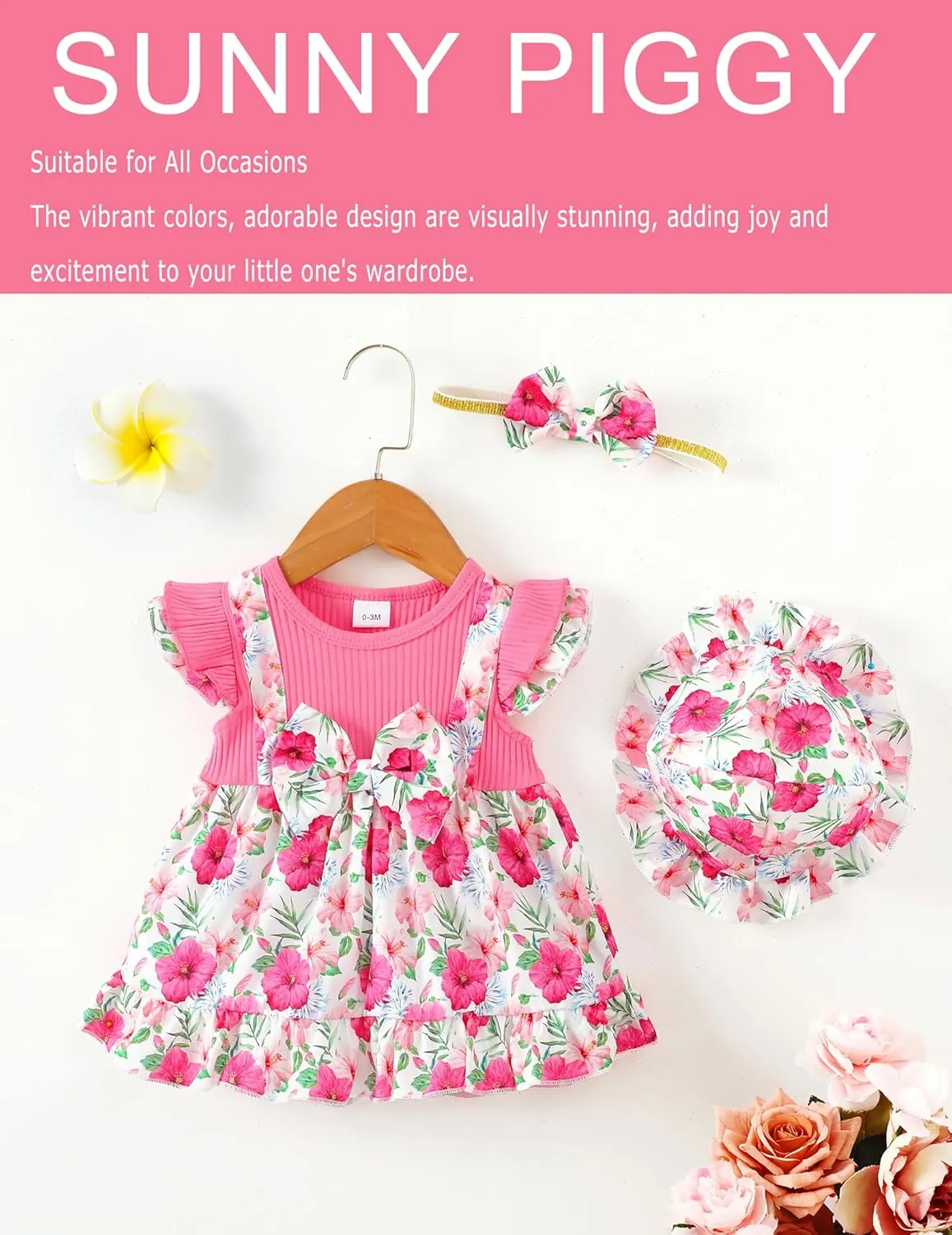 SUNNY PIGGY Baby Girl Clothes Newborn Infant Dress Outfit 0 3 6 9 12 18 24 Months Skirt Set Headband Hat