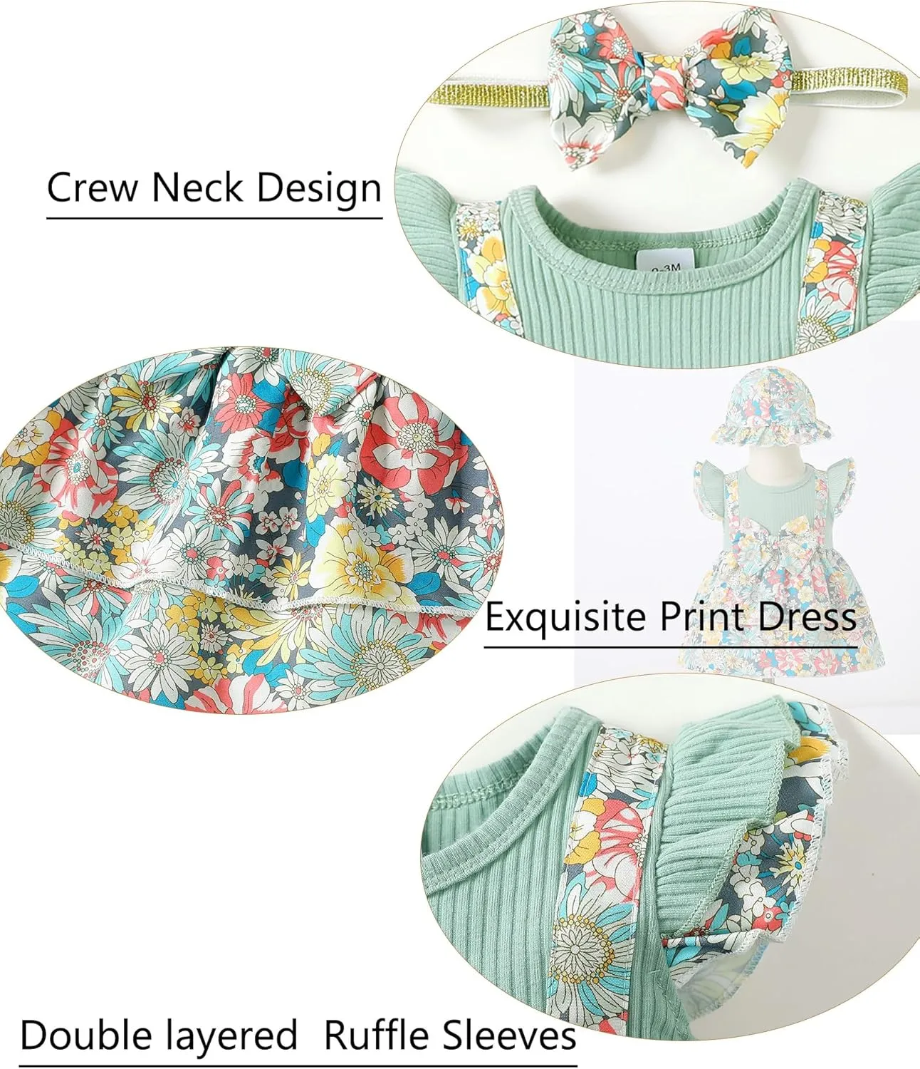 SUNNY PIGGY Baby Girl Clothes Newborn Infant Dress Outfit 0 3 6 9 12 18 24 Months Skirt Set Headband Hat