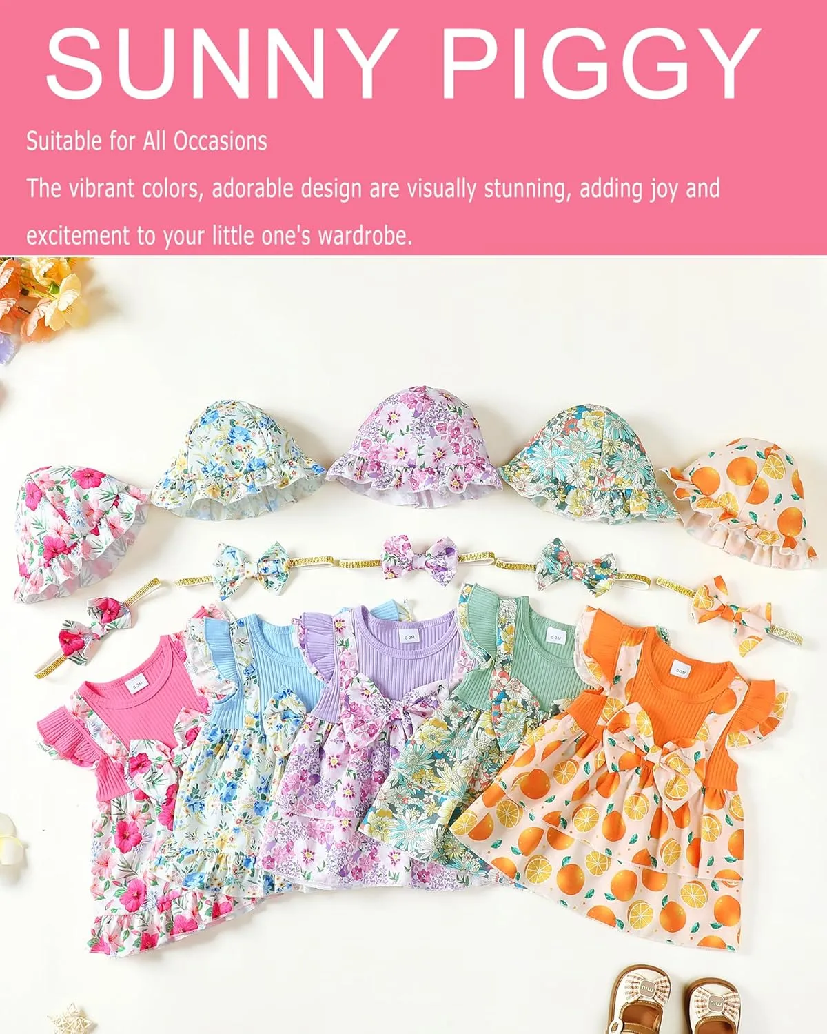 SUNNY PIGGY Baby Girl Clothes Newborn Infant Dress Outfit 0 3 6 9 12 18 24 Months Skirt Set Headband Hat