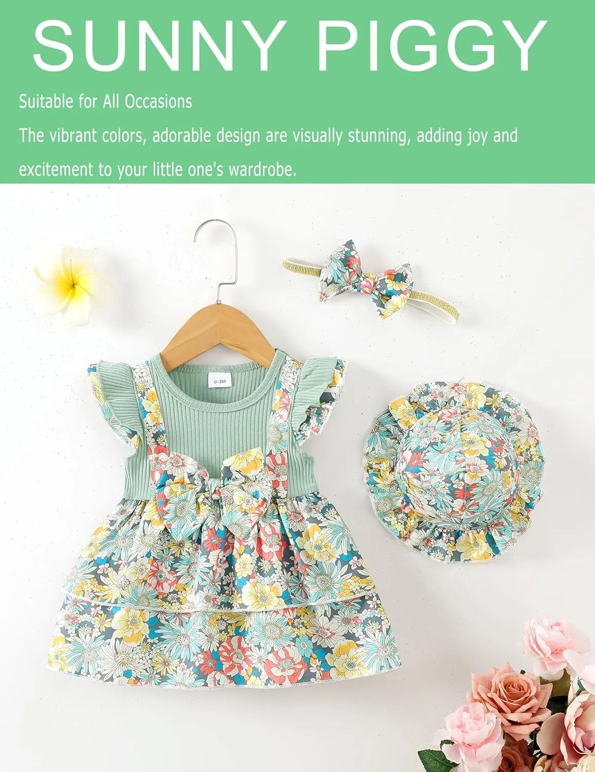 SUNNY PIGGY Baby Girl Clothes Newborn Infant Dress Outfit 0 3 6 9 12 18 24 Months Skirt Set Headband Hat