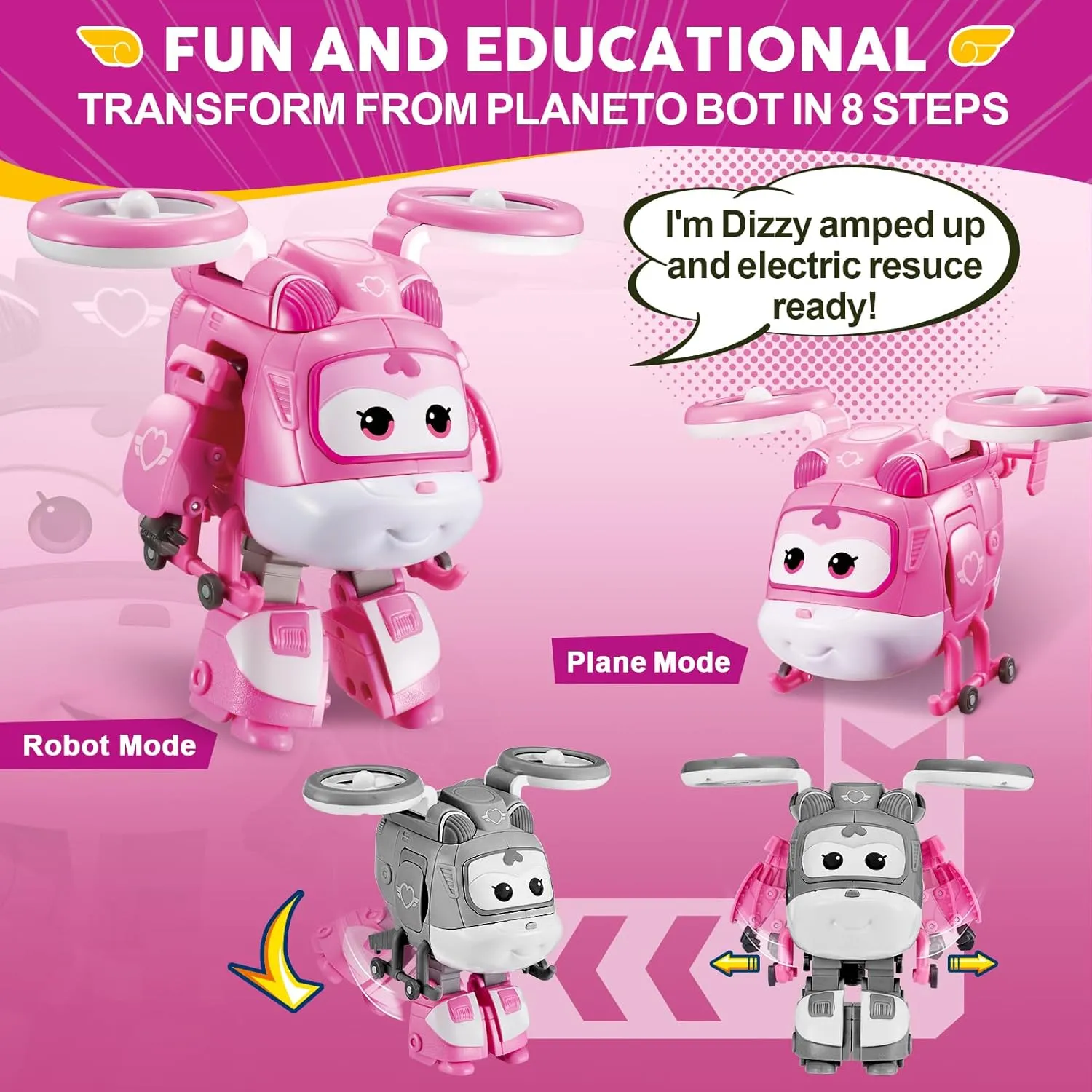 Super Wings 5" Transforming Supercharged Dizzy Action Figure, Airplane to Robot, Season 4 Character, Transformable Toys Plane Vehicle for Boys Girls Age 3 , Birthday Gifts for Preschool Kids, Pink
