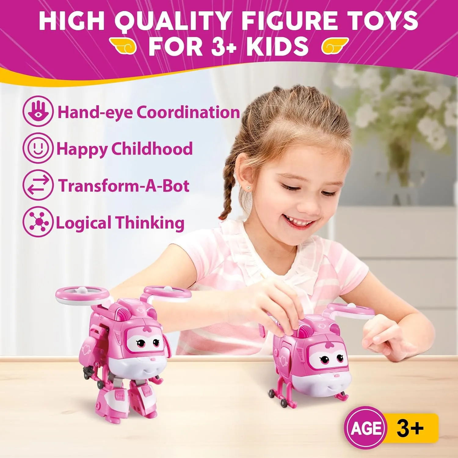Super Wings 5" Transforming Supercharged Dizzy Action Figure, Airplane to Robot, Season 4 Character, Transformable Toys Plane Vehicle for Boys Girls Age 3 , Birthday Gifts for Preschool Kids, Pink