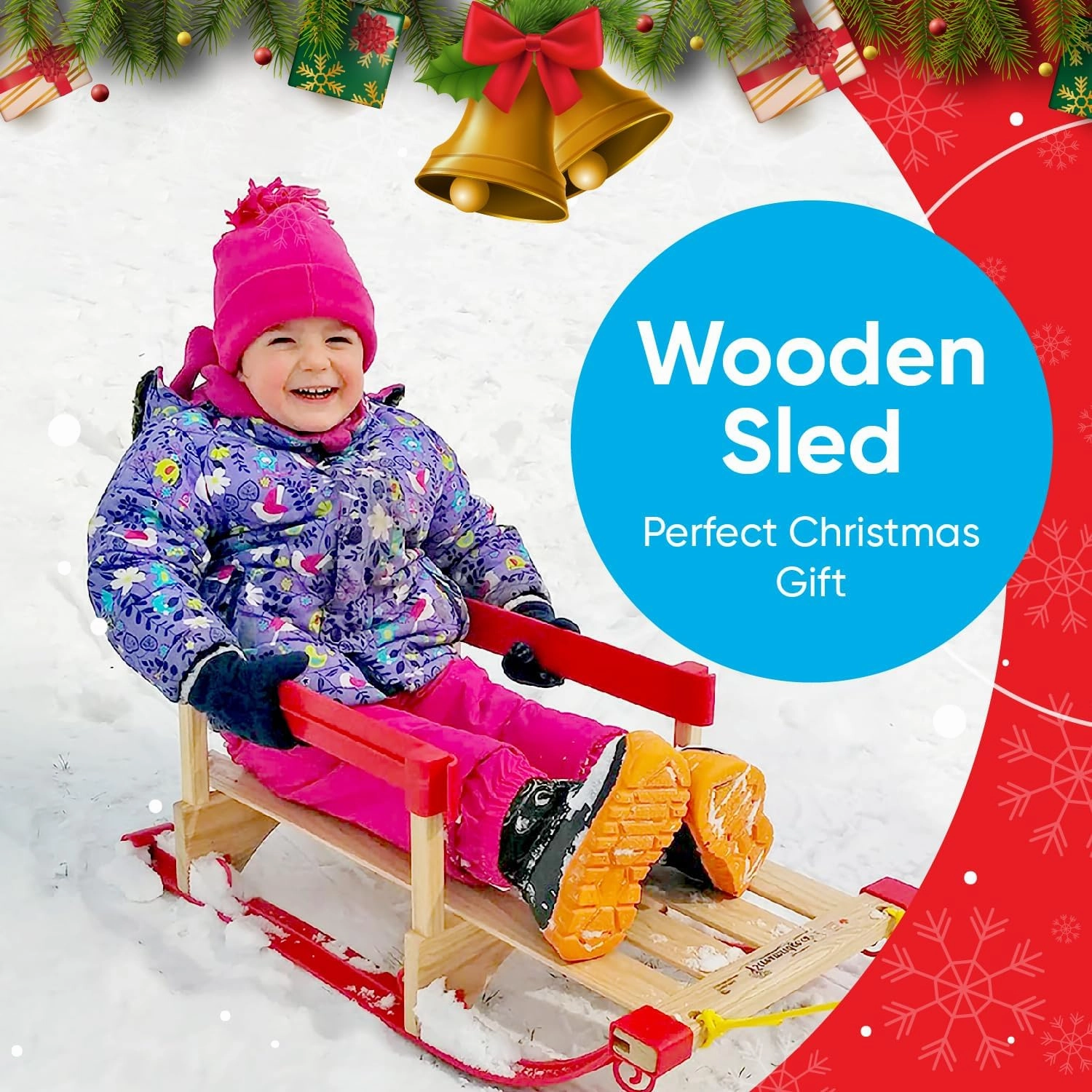 Superio Children Wooden Sled, Snow Sled for Toddlers, Kids Sleigh with Pull Ropes and Cushion, Baby Sled