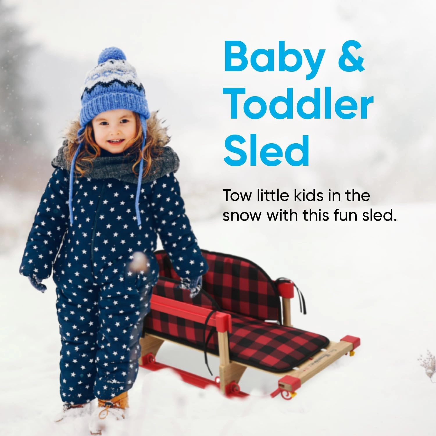Superio Children Wooden Sled, Snow Sled for Toddlers, Kids Sleigh with Pull Ropes and Cushion, Baby Sled