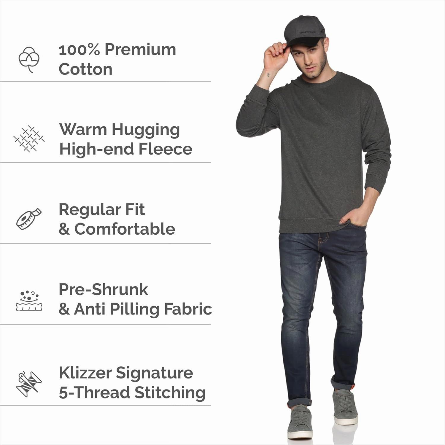 Sweatshirt for Men’s 100% Cotton Crewneck Long Sleeve Heavyweight Regular Fit Pullover Warm Plain Top